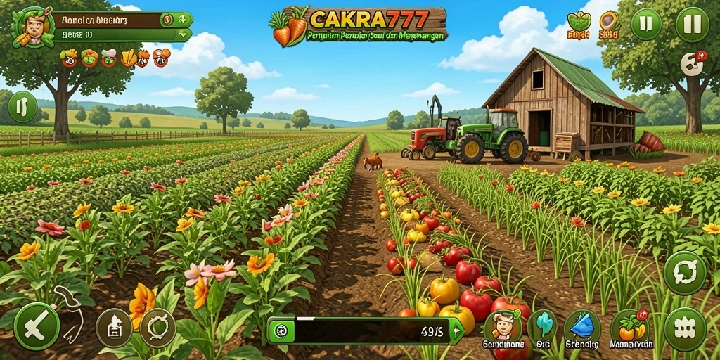 Tangkapan layar gameplay menampilkan suasana pertanian yang hidup.