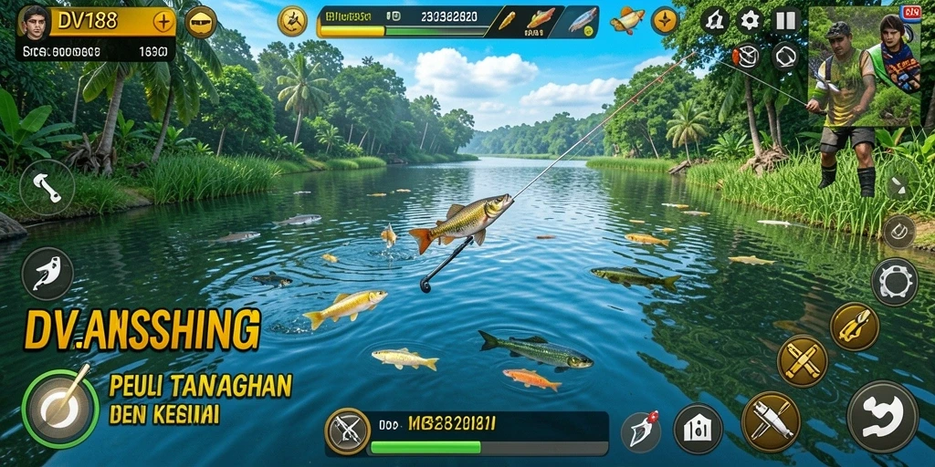 Tangkapan besar dalam gameplay DV188 di lokasi memancing yang indah.