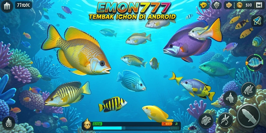 Screenshot gameplay seru dari EMON777 yang menampilkan aksi tembak ikan.