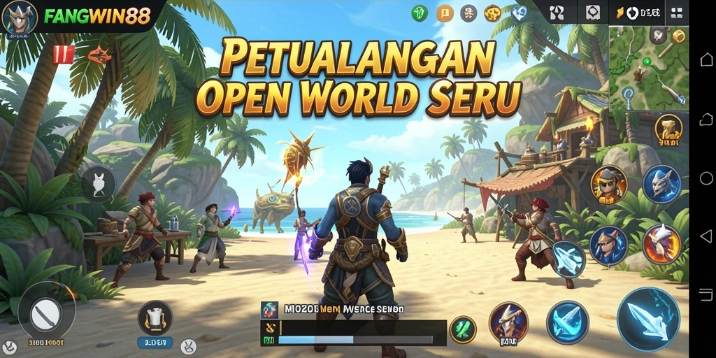 Screenshot gameplay FANGWIN88 yang menunjukkan dunia terbuka yang luas dan indah.