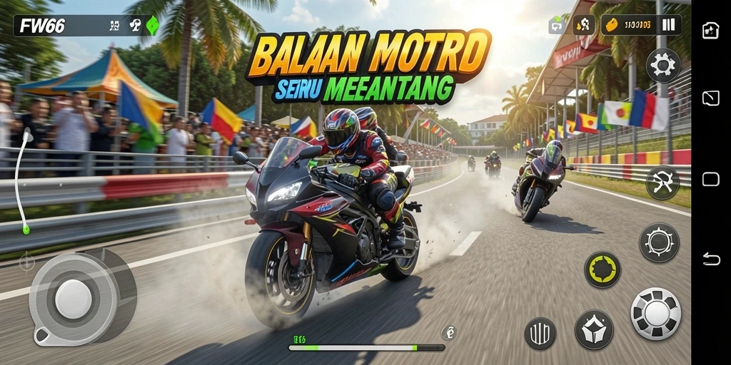 Gameplay mendebarkan di FW66 dengan aksi balapan motor yang intens.