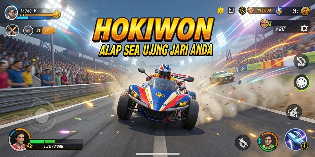 Tampilan gameplay HOKIWON dengan mobil balap beraksi di trek.
