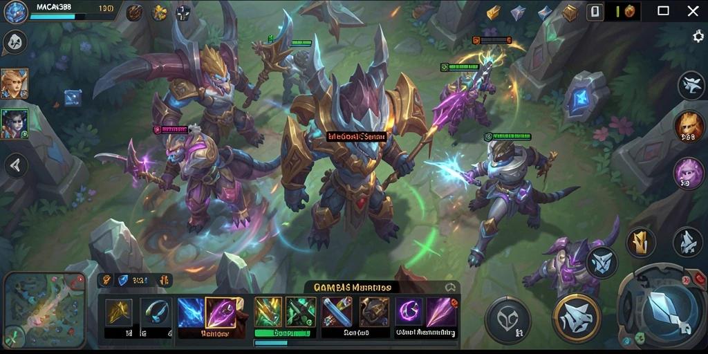 Screenshot gameplay MOBA dengan pertarungan intens.