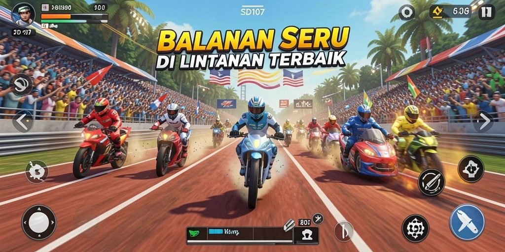 Screenshot gameplay SD107 menampilkan aksi balapan yang intens.